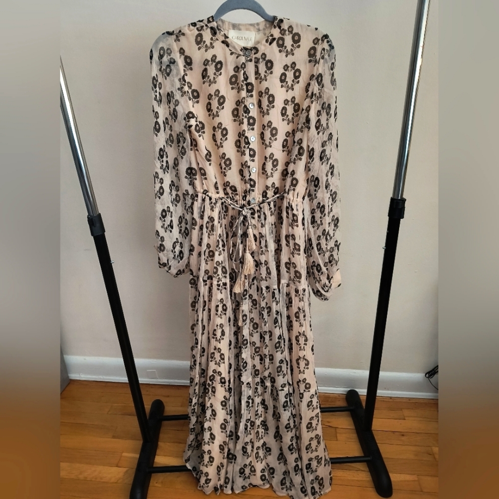 Carolina K Beige Black Floral Longsleeve Button Front Belted Maxi Dress Small